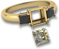 黄金戒指，镶有方形香槟钻石和黑色尖晶石副石