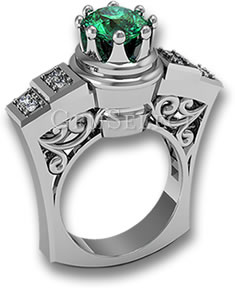 银色祖母绿戒指配白色钻石装饰石