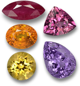 火彩宝石：红宝石、粉红电气石、橙色蓝宝石、紫水晶和金色绿柱石