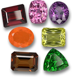 火色和木色宝石：镁铝榴石石榴石、粉红蓝宝石、紫色尖晶石、火蛋白石、柠檬石英、顽火辉石和沙弗莱石石榴石