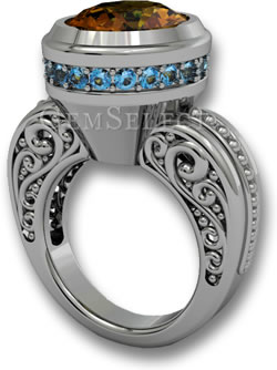 光环的现代演绎：银戒指，带碧玺主石和光环外的蓝色托帕石
