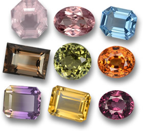 一些经济实惠的宝石：玫瑰石英、锆石、黄玉、烟晶、电气石、锰铝榴石、紫黄晶、黄水晶和红榴石