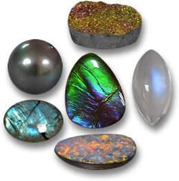 彩虹色宝石：彩虹黄铁矿、月光石、双峰蛋白石、拉长石、珍珠和菊石