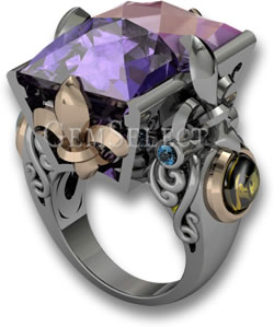 银紫黄晶戒指配托帕石和黄水晶口音石和青铜细节