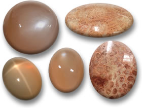 桃色凸圆面：月光石（左）和化石珊瑚（右）