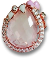 玫瑰金和玫瑰石英戒指，粉红色和白色珐琅，白色蓝宝石口音