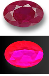 日光（顶部）和紫外线（底部）下的红宝石
