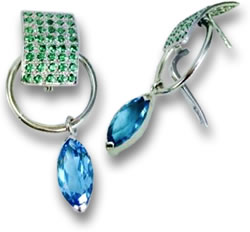 沙弗莱石榴石和蓝色托帕石吊式耳环