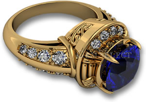 黄金订婚戒指配蓝色蓝宝石和白色钻石