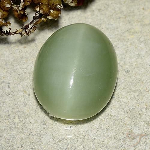 6.24ct 天然 浅绿色 阳起石猫眼, 椭圆形, 半透明