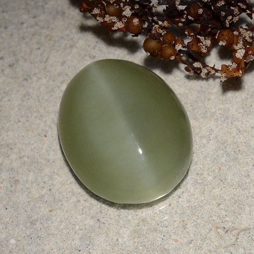 6.21ct 天然 灰绿色 阳起石猫眼, 椭圆形, 半透明