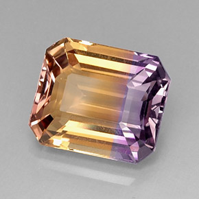 9.78克拉天然双色紫黄晶，祖母绿式切割，14×11.8毫米，VVS