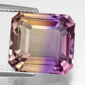 9.04克拉天然双色紫黄晶，祖母绿式切割，12.9×12毫米，VVS