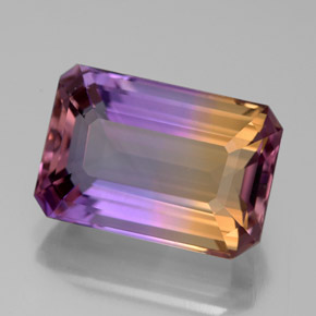 6.91克拉天然双色紫黄晶，祖母绿式切割，13.9×9.4毫米，VVS