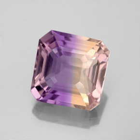3.91克拉天然双色紫黄晶，祖母绿式切割，9.8×9.8毫米，VVS-VS
