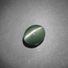 0.93克拉天然绿色Chrysoberyl Cat's Eye，椭圆形切割，6×4.8毫米，半透明