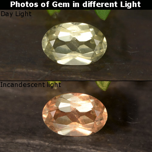 0.50克拉天然黄色变色硬水铝石，椭圆形切割，6.3×4.1毫米，VVS-VS