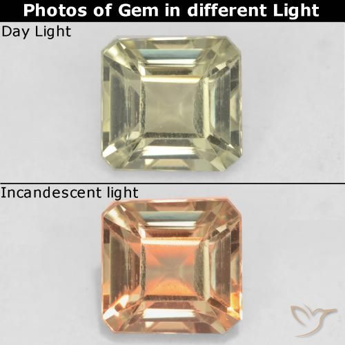 0.80克拉天然黄色变色硬水铝石，祖母绿式切割，5.4×5.2毫米，VS