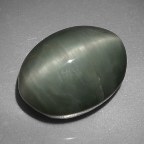 8.45克拉天然绿色Quartz Cat's Eye，椭圆形切割，13.4×10.3毫米，不透明