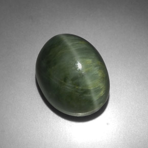 7.21克拉天然绿色Quartz Cat's Eye，椭圆形切割，12.2×9.1毫米，不透明