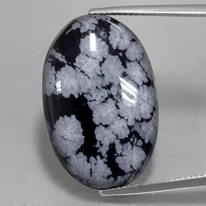 22.37克拉天然黑色雪花黑曜石，椭圆形切割，27×17.6毫米，不透明